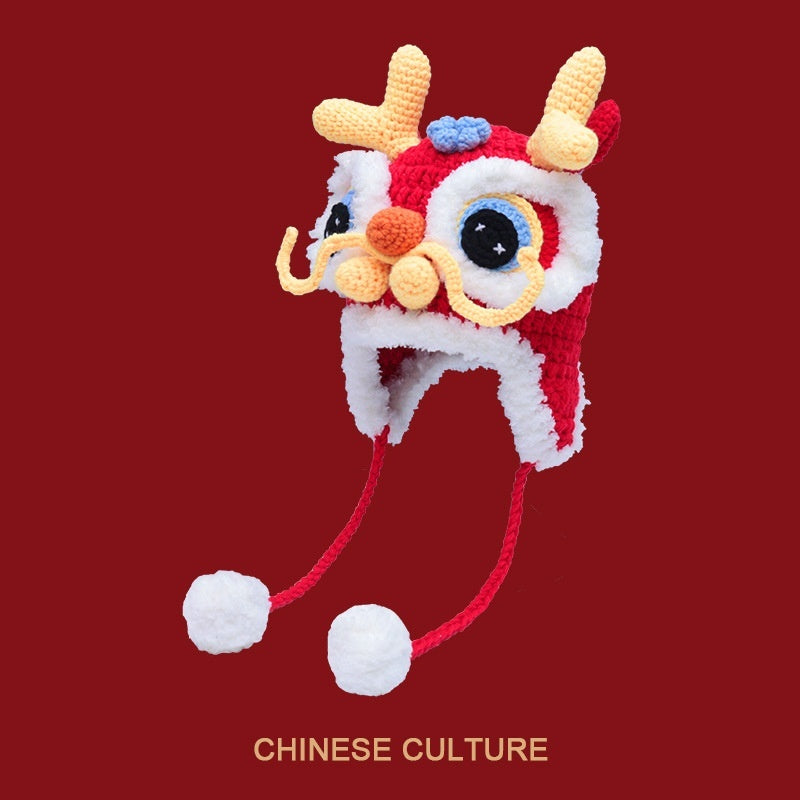 Dragon Year Hat Red Chinese Knitted Tiger Head Hat Baby Chinese New Year Celebration Joyous Xingshi Sleeve Cap