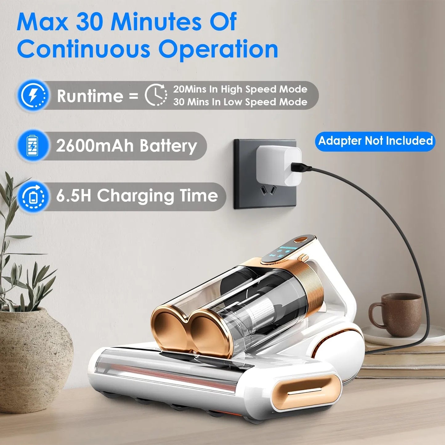 1Pc Mattress Vacuum Cleaner 16Kpa Bed Vacuum Cleaner Handheld Vacuums With Ultrasonic & UVC Light 18000 RPM Brushroll Rotation Dual Dust Bins Washable Filters For Bed Pillows Cribs Sofa