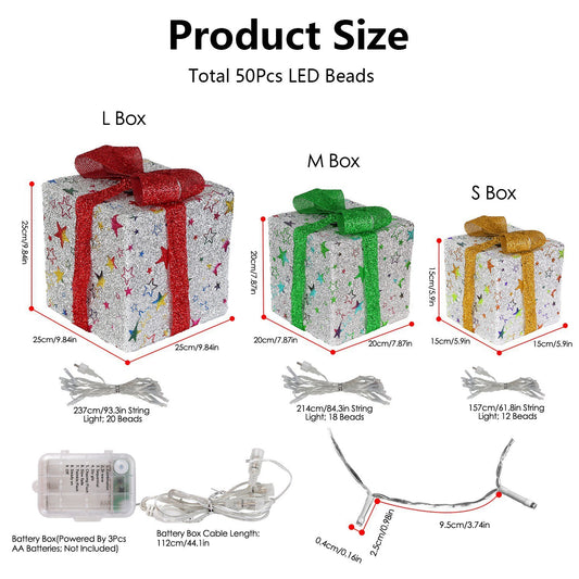 Light up your holidays with 3 Star & Deer LED Christmas Gift Boxes – perfect indoor/outdoor Xmas décor with 50 bright LEDs and waterproof design