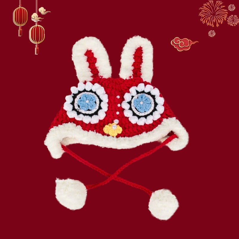 Dragon Year Hat Red Chinese Knitted Tiger Head Hat Baby Chinese New Year Celebration Joyous Xingshi Sleeve Cap