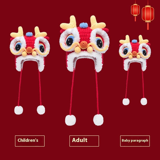 Dragon Year Hat Red Chinese Knitted Tiger Head Hat Baby Chinese New Year Celebration Joyous Xingshi Sleeve Cap