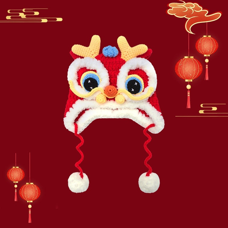 Dragon Year Hat Red Chinese Knitted Tiger Head Hat Baby Chinese New Year Celebration Joyous Xingshi Sleeve Cap