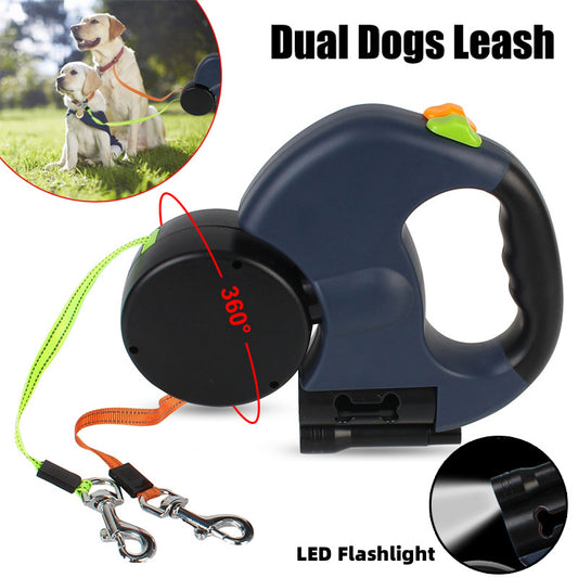 Retractable Reflective Dual Dog Leash with 360 Swivel and Lights for Small Dogs.