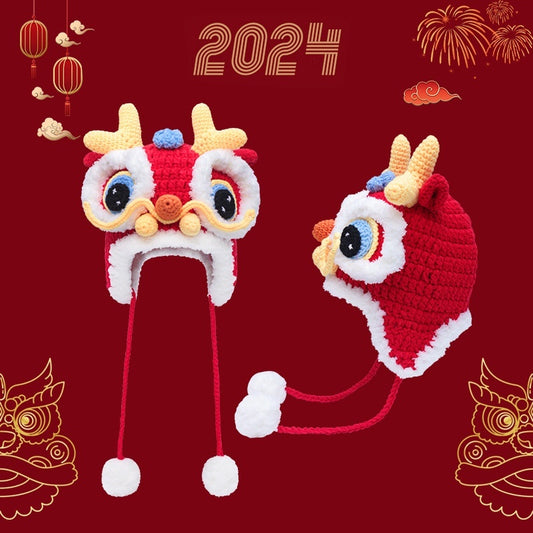 Dragon Year Hat Red Chinese Knitted Tiger Head Hat Baby Chinese New Year Celebration Joyous Xingshi Sleeve Cap