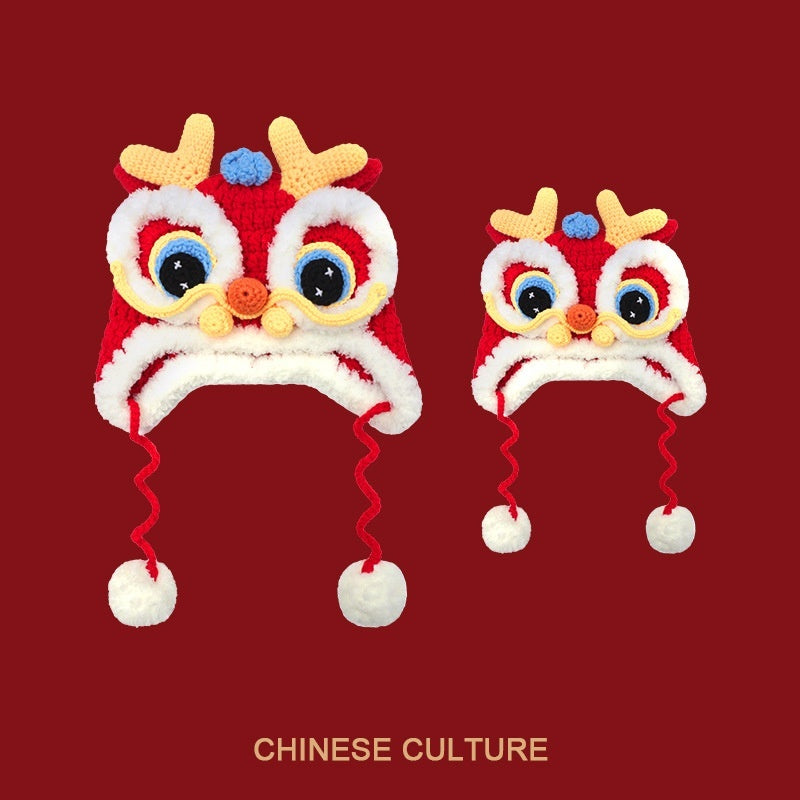 Dragon Year Hat Red Chinese Knitted Tiger Head Hat Baby Chinese New Year Celebration Joyous Xingshi Sleeve Cap